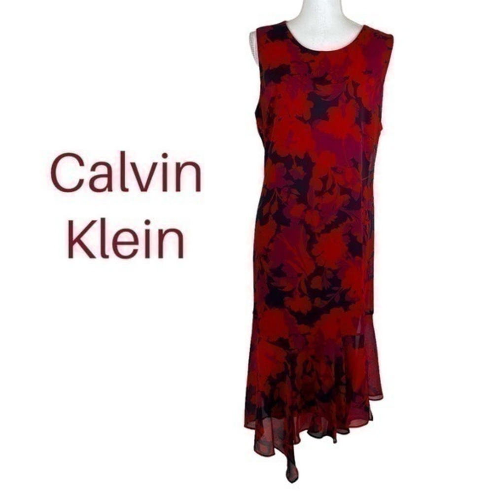Calvin Klein Red and Black Floral Midi Dress